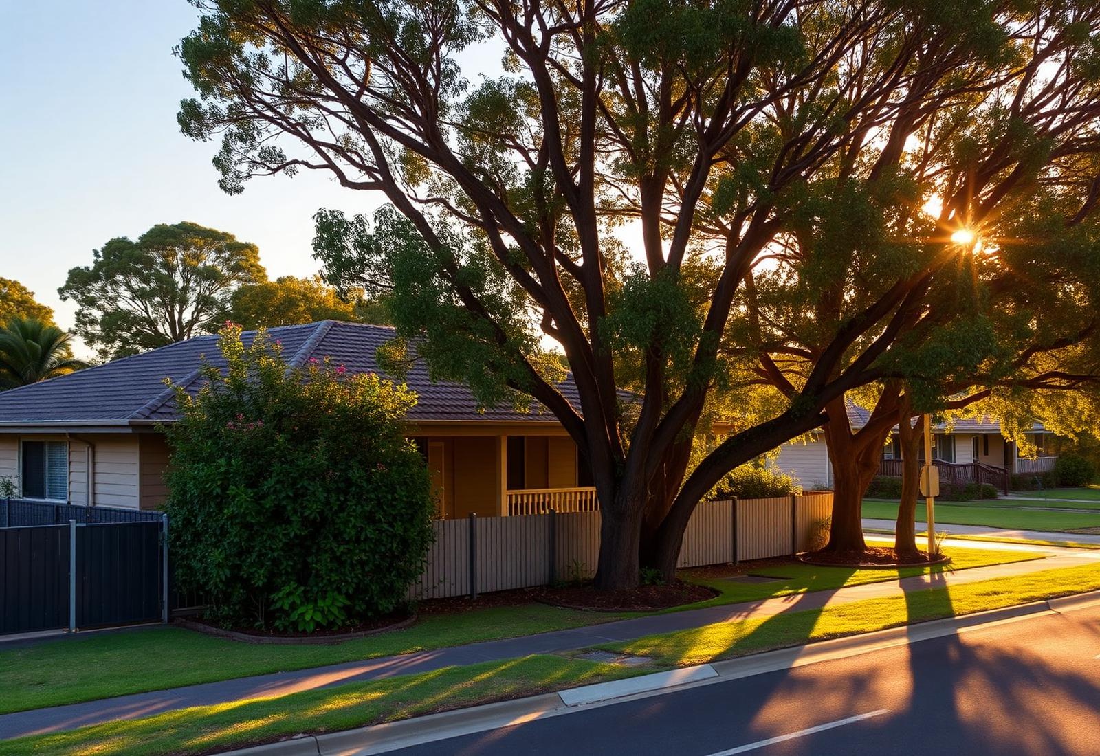 A quiet Queensland residential street at golden hour